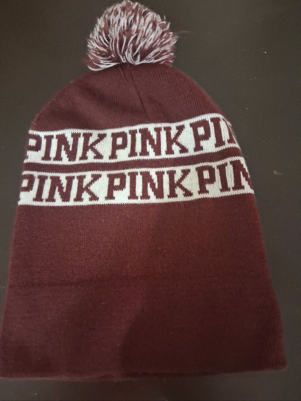 PINK Victoria's Secret Maroon Knit Pom Beanie with White Logo Band